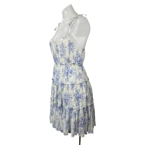 Mine Women's White Blue Floral Tiered Sleeveless Mini Tank Flare A-Line Dress S thumbnail 2