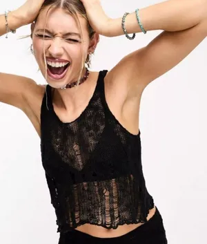 COLLUSION laddered open hole knit tank top in black thumbnail 5