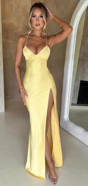 NWT Babyboo Isobel Lemon Yellow Satin Lace Up Back High Slit Maxi Dress Size M thumbnail 1