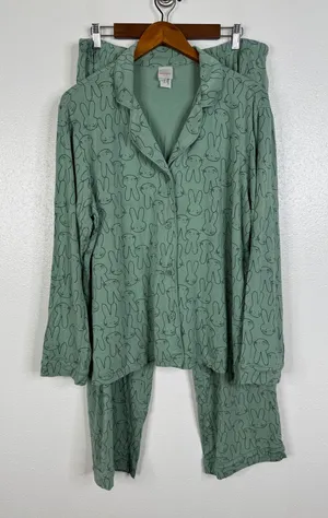 Hanna Andersson Pajamas L Green Bunny Rabbit Modal Button Down Pant Set Womens thumbnail 1