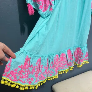 Boutique Aqua Off-Shoulder Dress coverup with Pink Embroidery thumbnail 4