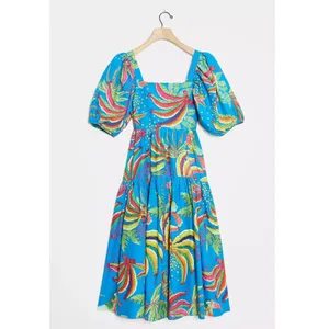 NEW Farm Rio Tropics Tiered Midi Dress XS Banana Print Puff Sleeve Empire Waist thumbnail 9