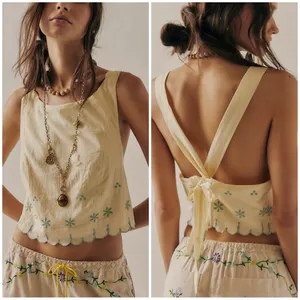 Free People Kayla Solid Embroidered Cropped Blouse Top - Double Butter thumbnail 2