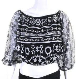 Jen's Pirate Booty‎ Embroidered Long Sleeve Metallic Silver Off Shouder Top Boho thumbnail 1