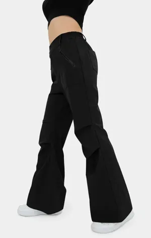 Halara High Waisted Belted Button Zipper Pocket Flare Casual Cargo Pants Black L thumbnail 1