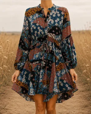 Olivaceous Dress Patchwork NEW Women’s Medium Prairie Belted Cottagecore thumbnail 1