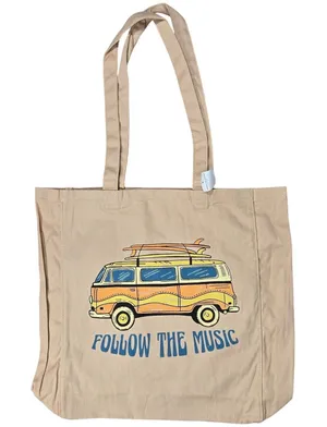 American Eagle Canvas‎ Tote Bag Follow The Music Van Surfboard Graphic Beige thumbnail 1