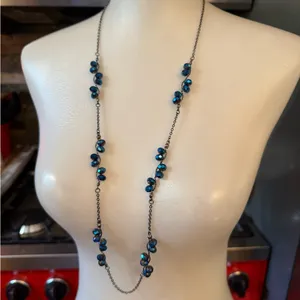 Necklace Blue single strand Lariat Faceted Iridescent glass Crystal beads thumbnail 1