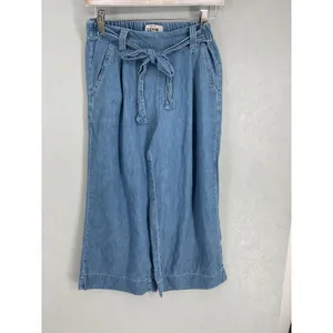 New Look Womens Wide Leg Pants Blue Chambray Elastic Waist Tie Belt Size 4 thumbnail 2