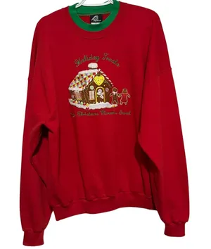 R&B Apparel Women's Red Gingerbread House Double Crewneck Sweatshirt Size XXL thumbnail 1