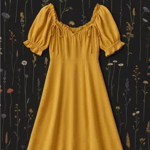 👗🌺Anthropologie Yellow Midi Dress M 6 8 Boho Cottagecore Puff Sleeve Ruffle Trim thumbnail 2