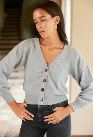 Paneros Greta Cardigan Button Up Gray Large Cotton Cozy Quiet Luxury thumbnail 1