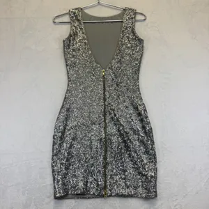 Dress‎ the Population Silver Sequin Mini Dress Womens XS Low V-Back Made in USA thumbnail 5