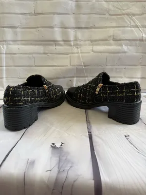 SHEIN Black Tweed Lace-Up Chunky Heel Boots with Gold Accents thumbnail 7