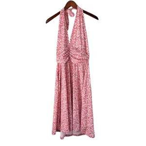 HUHOT Halter Dress Floral Ruched Summer Casual Sundress Pink‎ White L thumbnail 8
