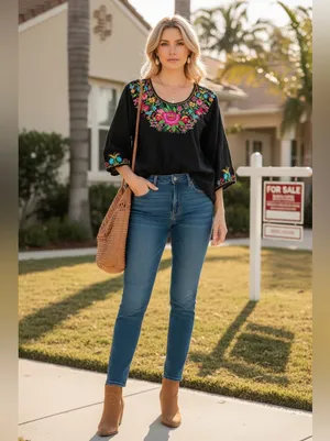 Boho Embroidered Floral Tunic Dress Navy Rose Mexican Style Sz M thumbnail 9