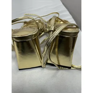 Womans Top Shop Strappy Sandal 8 Gold Square Open Toe Thong Ankle Tie Heel thumbnail 5