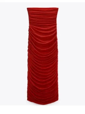 Zara Strapless Organza Dress Ruched Red L thumbnail 5