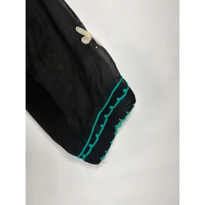 Boho‎ Floral Hand Embroidered Kurta Tunic Top Black Turquoise Scallop Trim M/L thumbnail 9