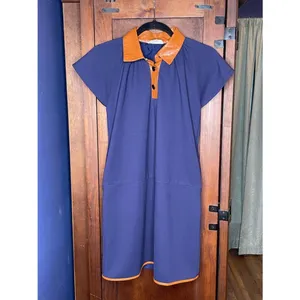 THML Dover Navy Dress Faux Leather Shift Mini Mod Preppy Old Money Dress Size S thumbnail 2