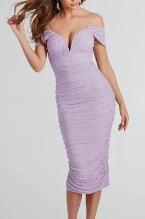 Windsor Lavender Pearl Bodycon Midi Dress NWT XS Bridesmaid Prom Formal thumbnail 1