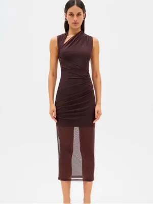 MISHA COLLECTION Tillie Asymmetric Mesh Midi Dress Umber Brown thumbnail 5