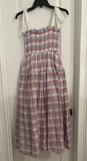 Mable Boutique Midi Purple and Green Pastel Dress Tie Shoulders thumbnail 1