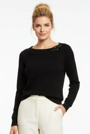 Ralph Lauren Black Knit Long Sleeve Buckle Accent Crew Neck Sweater L thumbnail 1