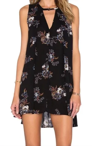 Free People Tree Choker Neck Swing Dress w/Pockets Black Floral Print, S thumbnail 1