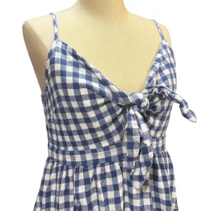 Old Navy L SL Tie Front Gingham Mini Dress Blue White Linen Blend Summer Picnic thumbnail 2