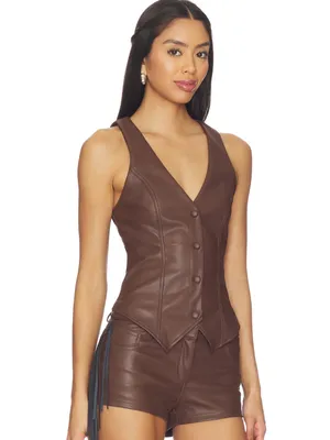 Superdown Karina Brown Faux Leather Button Vest Sz S thumbnail 2