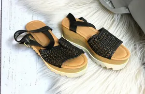 Universal Thread Black Woven Platform Wedges with Tan Footbed thumbnail 1
