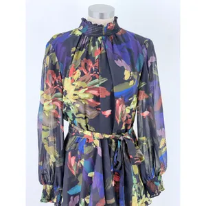 Alex Marie Floral Chiffon Smocked Mock Neck Sheer Sleeve Dress Navy 8 thumbnail 2