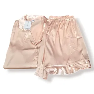 Womens Satin Pajama Set Champagne Pink Short Sleeve Loungewear NEW Bridal Sleep thumbnail 2