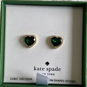 Kate Spade New York Green Heart Stud Earrings Gold Tone Cubic Zirconia NEW thumbnail 1
