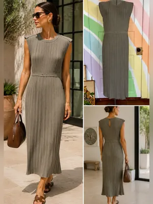 Club Monaco Fossil Green Micro Pleated Column Midi Dress Banded Waist Sz 00 💚🎀 thumbnail 2