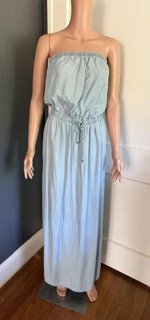 Light Blue Chambray Strapless Maxi Dress with Elastic Waist thumbnail 1