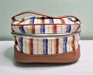 Striped Makeup Cosmetic Zipper with Handle‎ Beads Bag Brown thumbnail 1