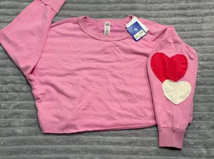 JoyLab Pink Crewneck Sweatshirt with Red and White Heart Patches thumbnail 1