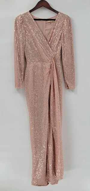 Sublime Sequined Gown S Pink Faux Wrap Long Puff Sleeve Tigh Slit Party Wedding thumbnail 1