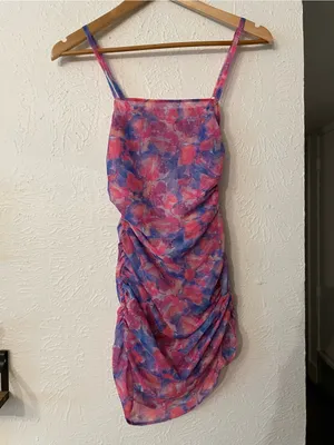 NWT For Love & Lemons Natasha Swim Cover Up Floral Ruched Mini Dress XXS thumbnail 2