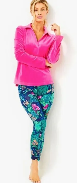 LILLY PULITZER August Velour Pullover Pink Palms Solid Polo Collar Bright Small thumbnail 1
