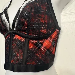 Victorias Secret Med Red Black Plaid Lace Satin Bustier‎ Longline Bra Very Sexy thumbnail 5
