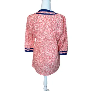 J. Crew Coral Navy Floral Crepe 100% Cotton V-neck 3/4 Sleeve Tunic‎ Medium EUC thumbnail 4