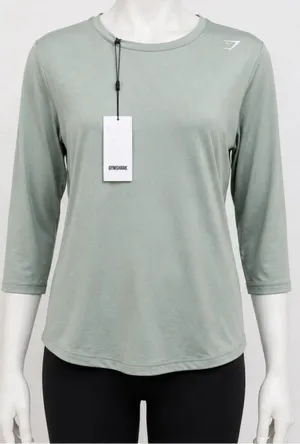 Gymshark Studio Tee Women's 3/4 Sleeve Training Workout Top Sage Green NWT Large thumbnail 1