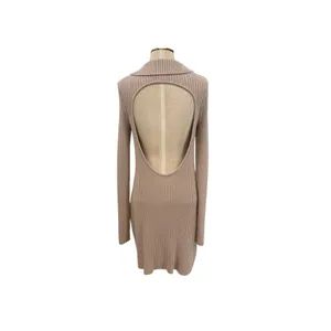 LPA Naolin Taupe Rib Knit Open Back Collared Bodycon Mini Dress‎ Size Medium thumbnail 9