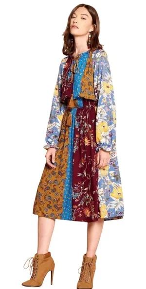 Oddi ODDY Bohemian Patchwork Mixed Print Midi Dress Bishop Sleeve Floral Large thumbnail 1