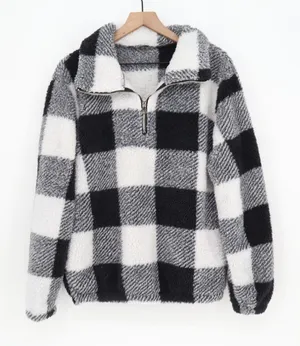Fashion Pullover Womens M Buffalo Plaid Black White Quarter Zip Sherpa Excellent thumbnail 1