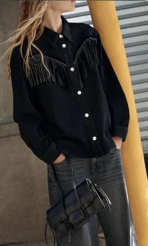 Zara Black Denim Studded Fringe Western Jacket XS Shacket thumbnail 1