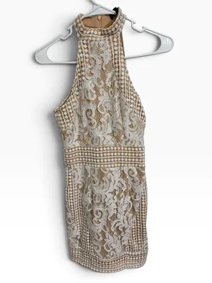 PrettyLittleThing White Lace Nude Illusion Halter Neck Bodycon Dress UK 6 / US 2 thumbnail 3